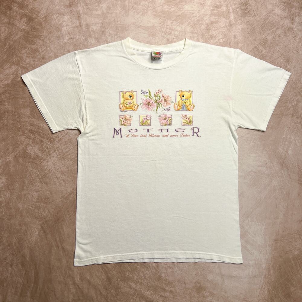 Vintage Y2K Mother Teddy Bear Floral Graphic Print Shirt Fruit of the Loom Mom